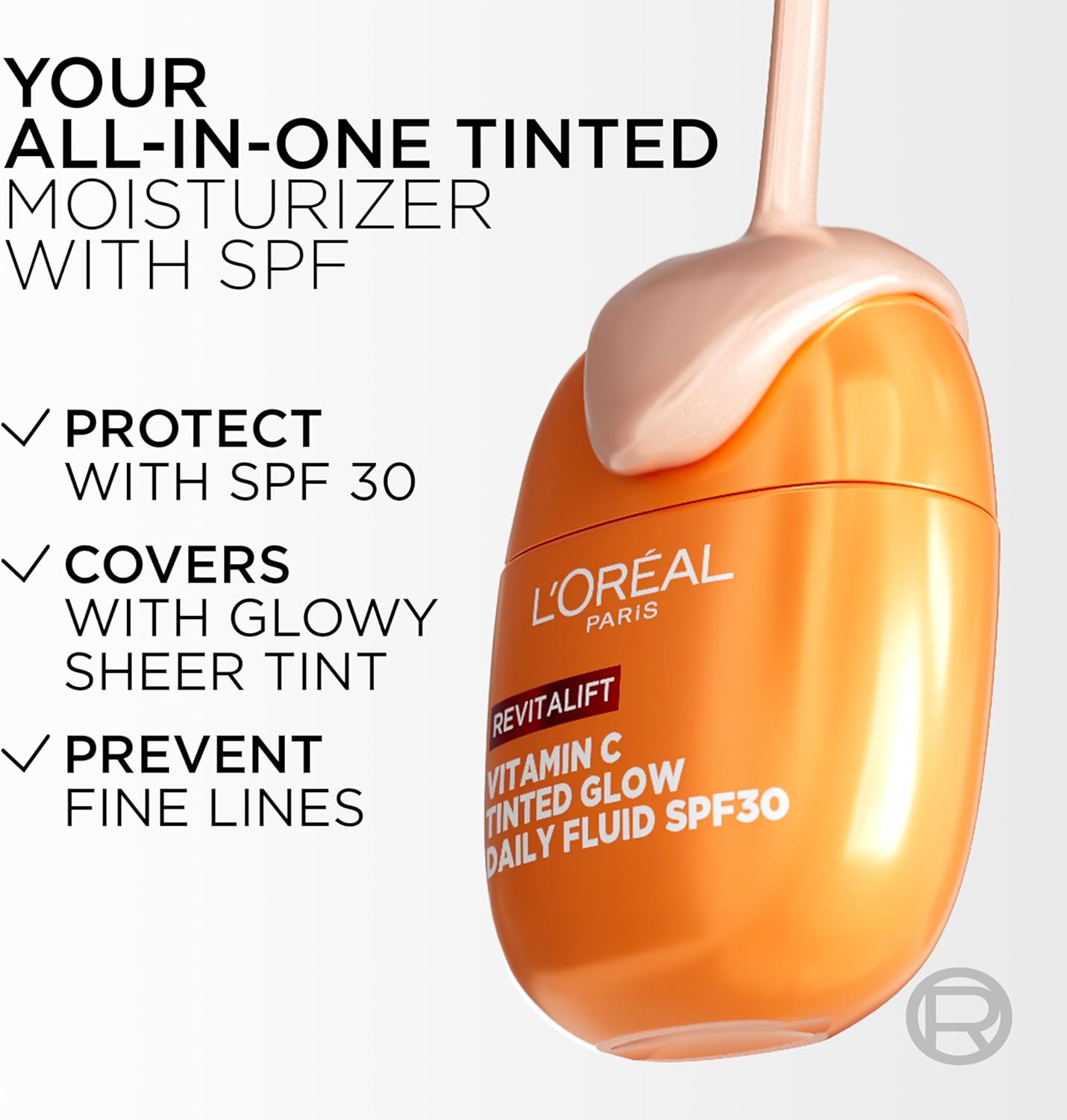 Loreal Revitalift Vitamin C Tinted Glow Daily Moisturizer with SPF30, 40ml, showcasing the tinted formula in a sleek bottle.