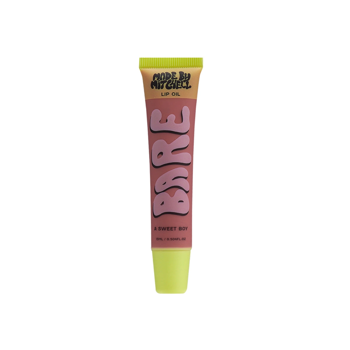 Made By Mitchell Bare Lip Oil in A Sweet Boy shade, clear lip oil tube and applicator shown