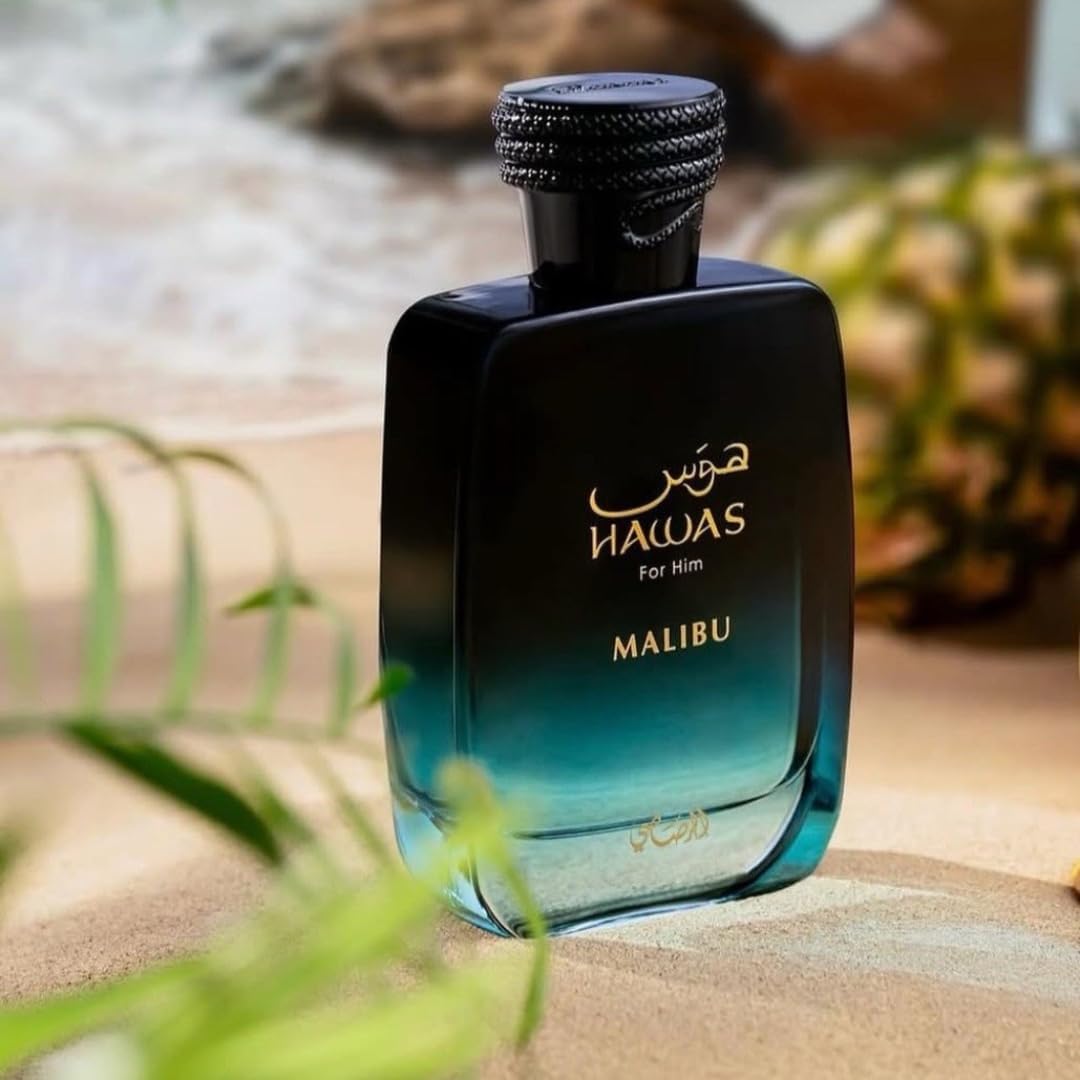 Rasasi Malibu Hawas for Him Eau De Parfum bottle with sleek design and signature branding, displayed on a neutral background.