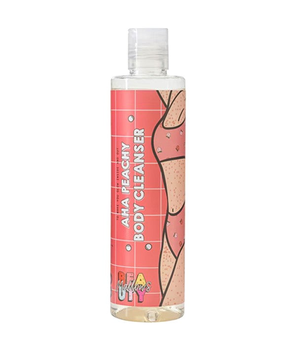 Mallows Beauty Peachy AHA Body Cleanser in a pump bottle, designed for bath and shower use, with peach-colored liquid visible.