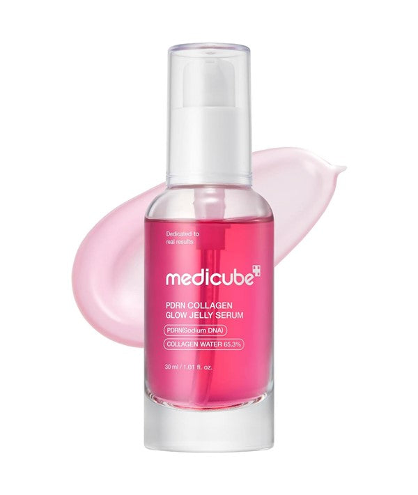 Medicube PDRN Collagen Glow Jelly Serum in a clear 30ml bottle, showcasing a smooth, glossy skincare product for radiant skin.
