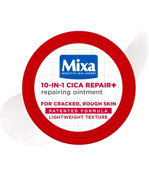 Mixa 10-in-1 Cica Repair Plus repairing ointment in a 150ml jar, moisturizing and soothing skin with healing ingredients.