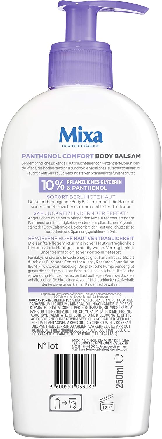 Mixa Panthenol Comfort Body Balm in 400ml bottle, soothing and moisturizing body care product with creamy texture