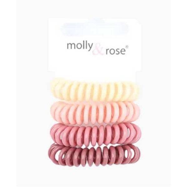 Assorted Molly and Rose spiral hair bobble grips in various colors, made of flexible plastic for secure hair styling.