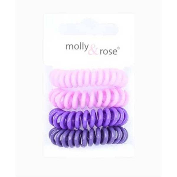 Assorted Molly and Rose spiral hair bobble grips in various colors, made of flexible plastic for secure hair styling.