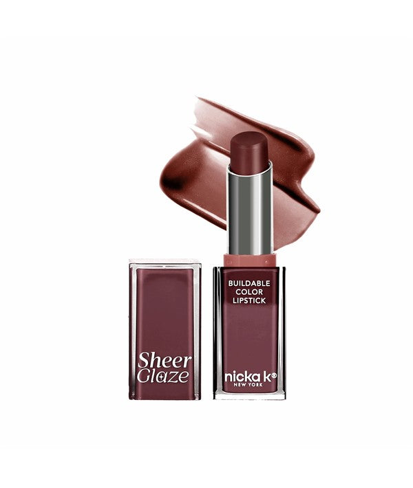 NICKA K NEWYORK Sheer Glaze buildable color lipstick with smooth, shiny finish, displayed in a sleek lipstick tube.