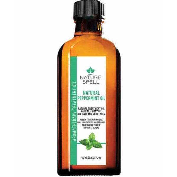 Bottle of Nature Spell Natural Peppermint Oil for hair treatment, showing the clear glass container with peppermint oil inside.