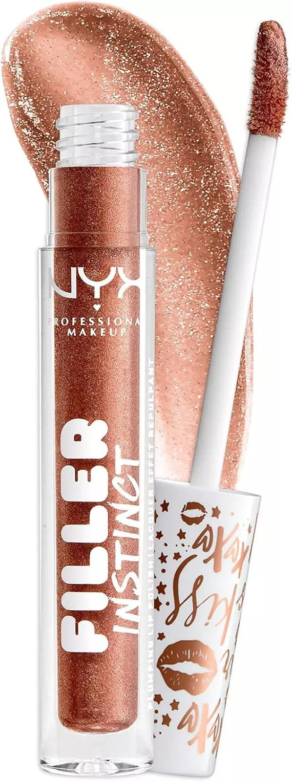 NYX Filler Instinct Plump Lip Polish 04 in a clear gloss with a hint of shimmer, showcasing a smooth, shiny lip finish.