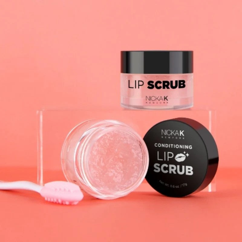 NICKA K NEWYORK Conditioning Lip Scrub in a clear jar, showing textured sugar scrub for smoothing and exfoliating lips.