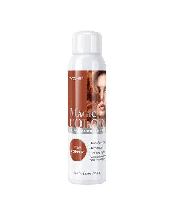 NICKA K Newyork Tyche Magic Color Copper spray for vibrant temporary hair color, shown on styled hair.