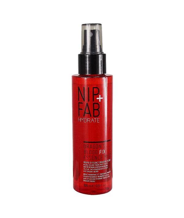 Nip Fab Hydrate Dragon Blood Fix Essence Mist shown in a spray bottle with botanical design, for skin hydration and refreshment.