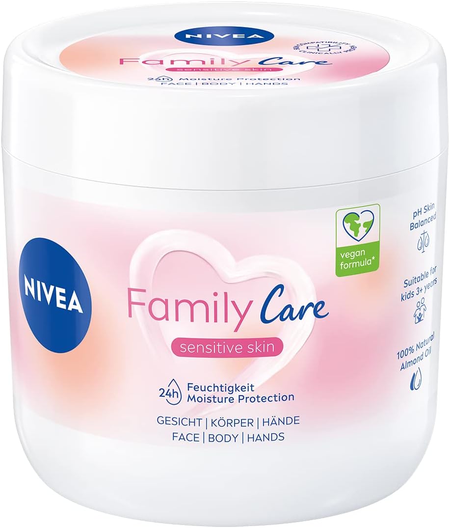 Nivea Family Care Moisturising Cream jar with blue lid, smooth creamy texture, and Nivea branding on the label.