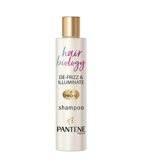 Pantene Hair Biology De Frizz and Illuminate Shampoo bottle with label, designed to smooth frizz and add shine to hair