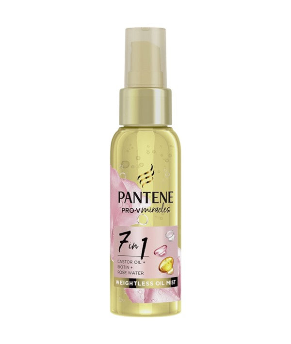 Pantene Pro V Miracles 7 In 1 Castor Oil Weightless Hair Treatment mist bottle with spray nozzle.