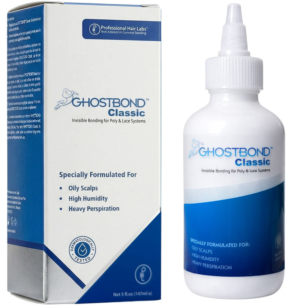 Professional Hair Labs Ghost Bond Classic adhesive hair glue in a tube, used for secure hair attachment and wig bonding.