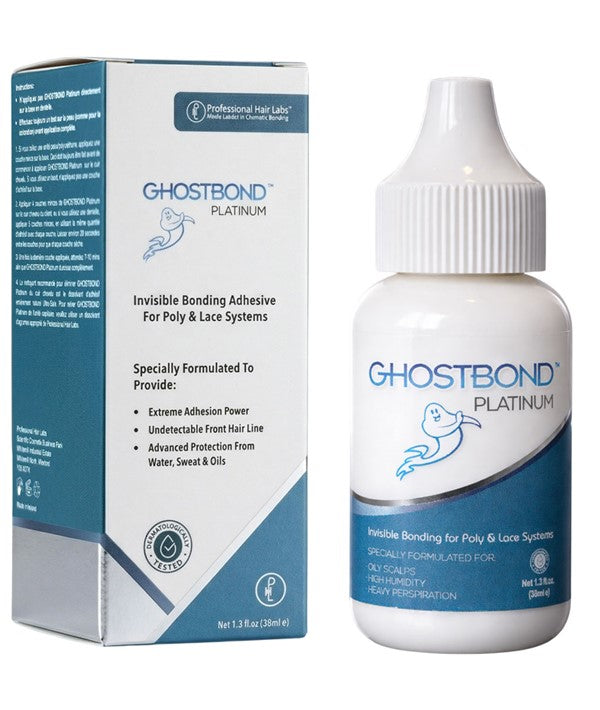 Professional Hair Labs Ghost Bond Platinum adhesive for hair extensions and lace wigs, shown in a professional hair accessory setting.