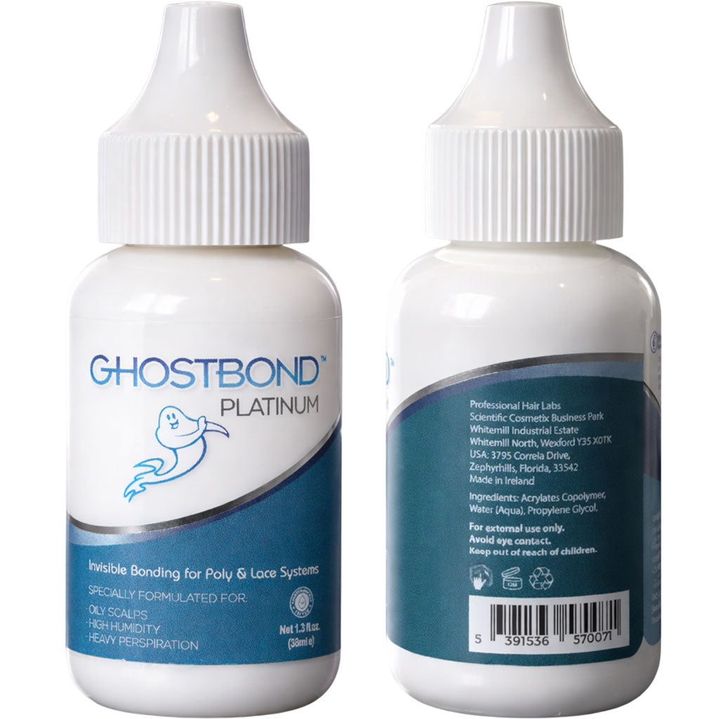 Professional Hair Labs Ghost Bond Platinum hair adhesive bond for wigs and lace fronts, shown on a hair mannequin head.