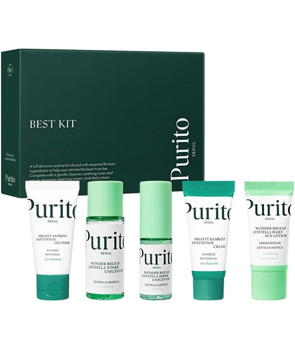 Purito Seoul Best Kit K-Beauty bundle featuring skincare products in sleek packaging, ideal for a complete Korean skincare routine
