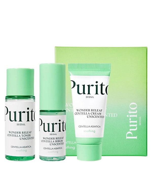 Purito Seoul Wonder Releaf Centella Mini Kit Unscented K-beauty bundle with small skincare products and soothing ingredients in natural packaging