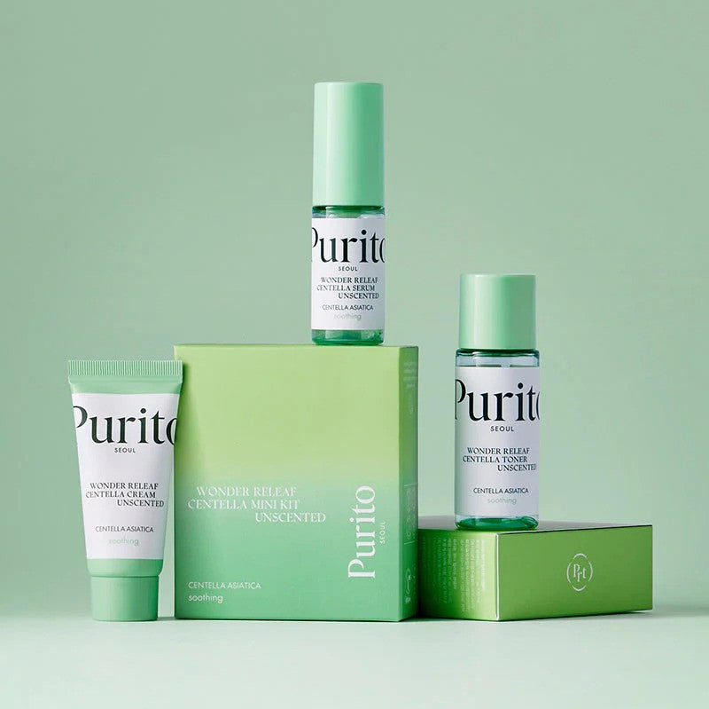 Purito Seoul Wonder Releaf Centella Mini Kit Unscented K-beauty bundle with skincare products in a white and green packaging set.
