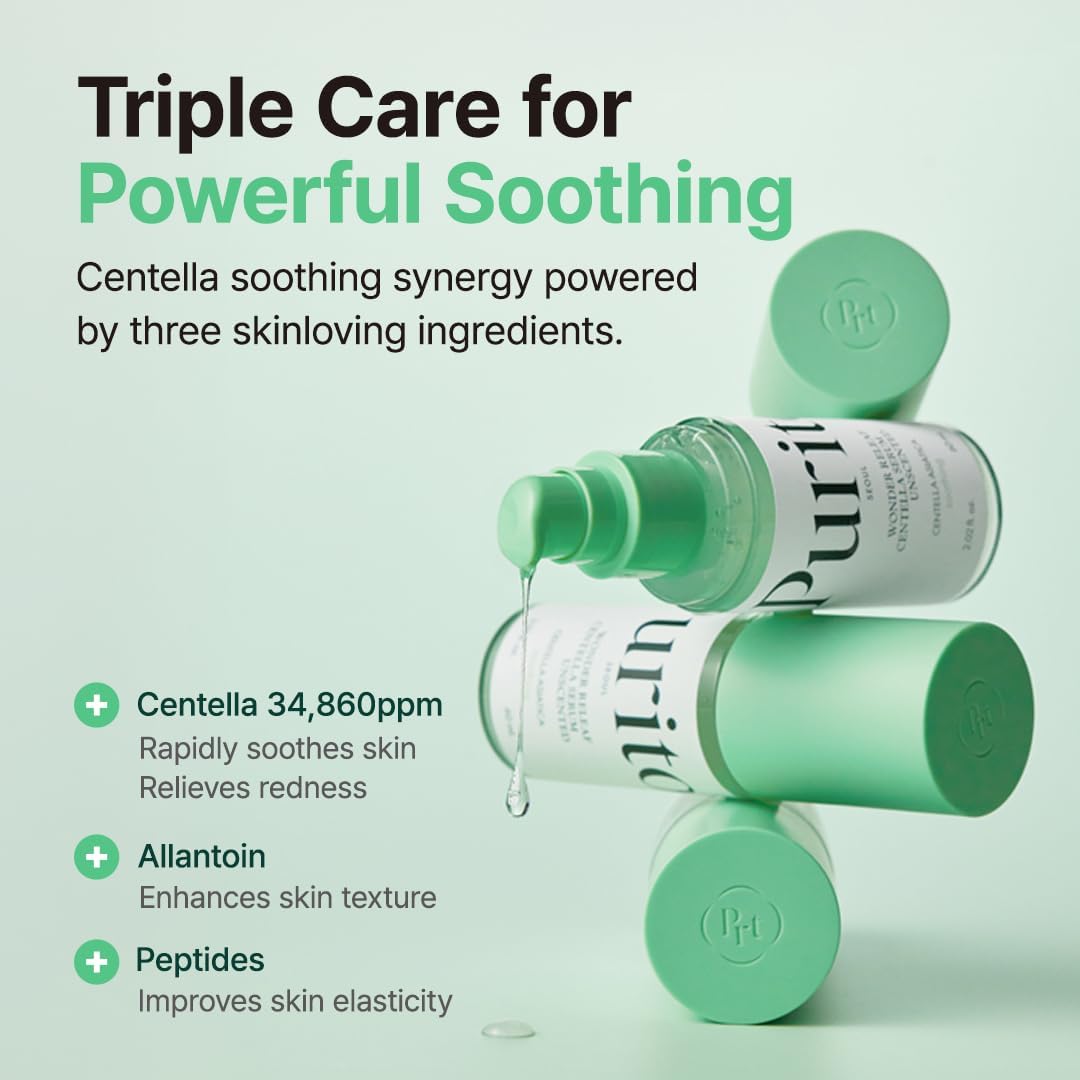Purito Seoul Wonder Releaf Centella Serum Unscented in a 60ml bottle, featuring clear liquid and minimalist packaging.