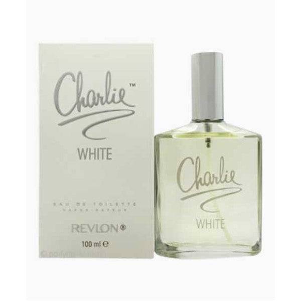 Revlon Charlie Eau De Toilette for Her in a white spray bottle, featuring a feminine floral fragrance.