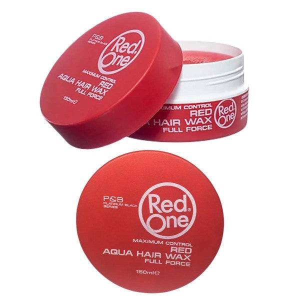 Red One Red Aqua Hair Gel Wax for styling, showing the vibrant red and aqua-colored gel in a container.