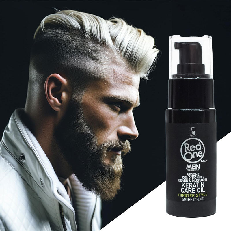 Red One hipster style keratin beard and mustache oil, conditioning hair serum with nourishing keratin for facial hair care.