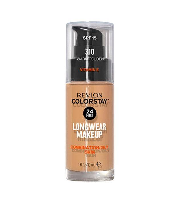 Revlon Colorstay Longwear Face Makeup Foundation in shade 310 Warm Golden, close-up of the liquid foundation bottle with applicator.