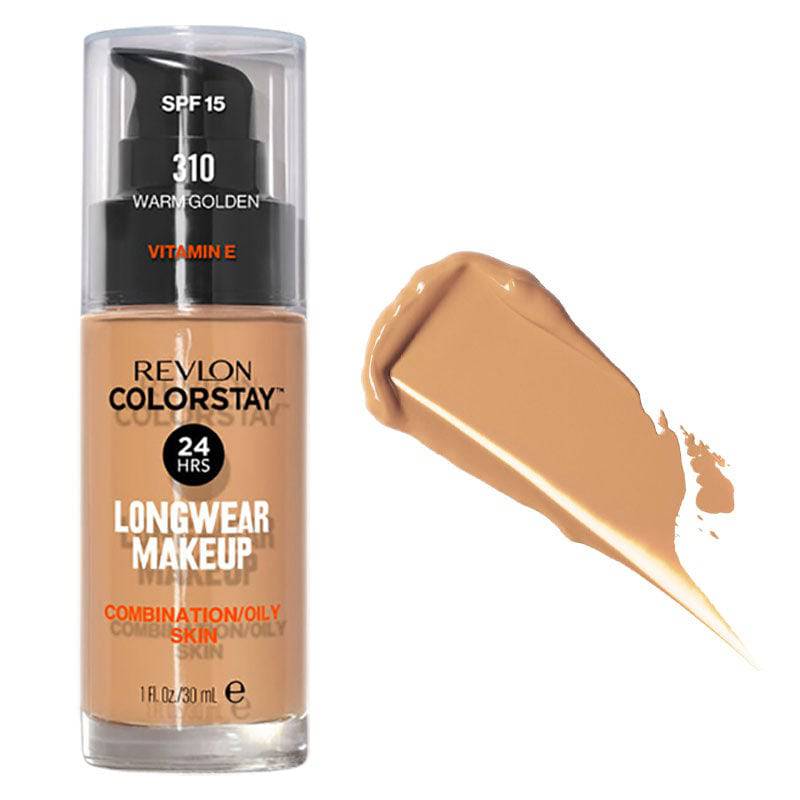 Revlon Colorstay Longwear Face Makeup Foundation in shade 310 Warm Golden, close-up of the bottle and applicator.