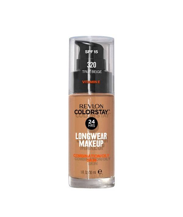 Revlon Colorstay Longwear Face Makeup Foundation in shade 320 True Beige, with a smooth, even application and beige tone.