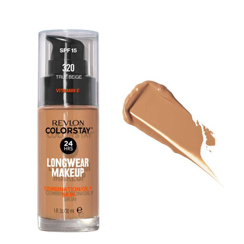 Revlon Colorstay Longwear Makeup Foundation in 320 True Beige, a face makeup product with a smooth, natural finish.