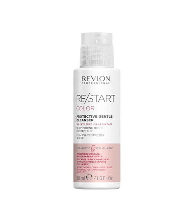Revlon Restart Color Protective Gentle Cleanser shampoo bottle with white and purple label, designed for color-treated hair.