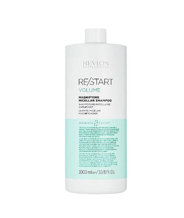 Revlon Restart Volume Magnifying Micellar Shampoo bottle with label showing, designed to add volume and clean hair effectively.