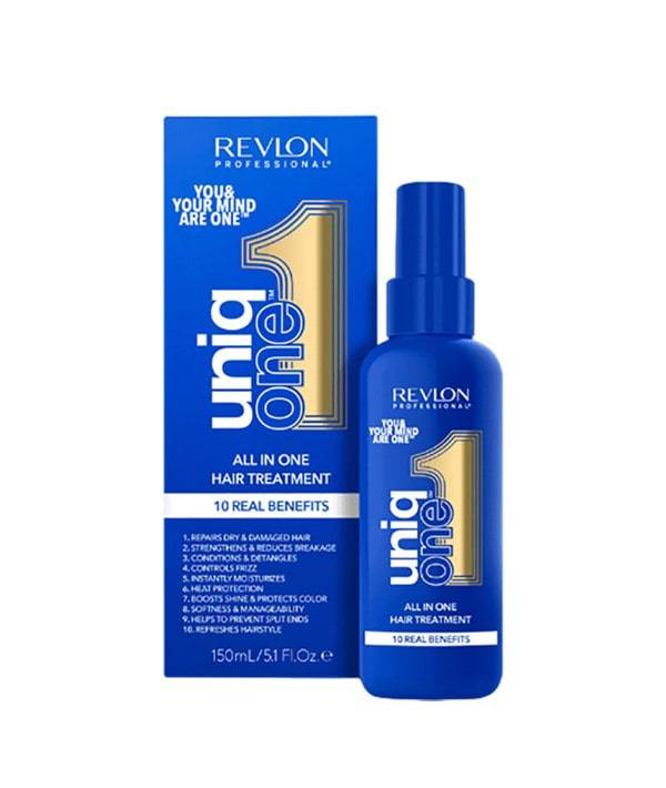 Revlon Uniq One All In One 10 Benefits Hair Treatment bottle with pump, showcasing the product for hair care.