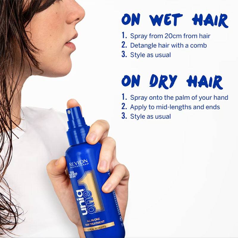 Revlon Uniq One All In One 10 Benefits Hair Treatment bottle showing the sleek packaging and product label.