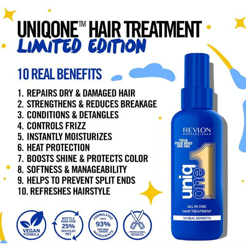 Revlon Uniq One All In One 10 Benefits hair treatment bottle, showcasing sleek packaging and product label.