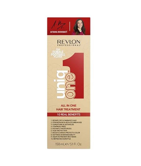 Revlon Unique One All In One Hair Treatment bottle featuring Aitana Bonmati Limited Edition design on the label.