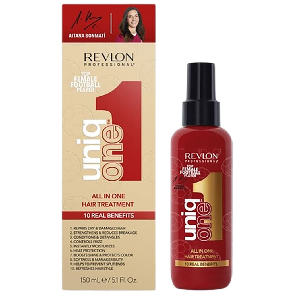 Revlon Unique One All In One Hair Treatment bottle featuring Aitana Bonmati Limited Edition design, smooth and shiny hair care product.