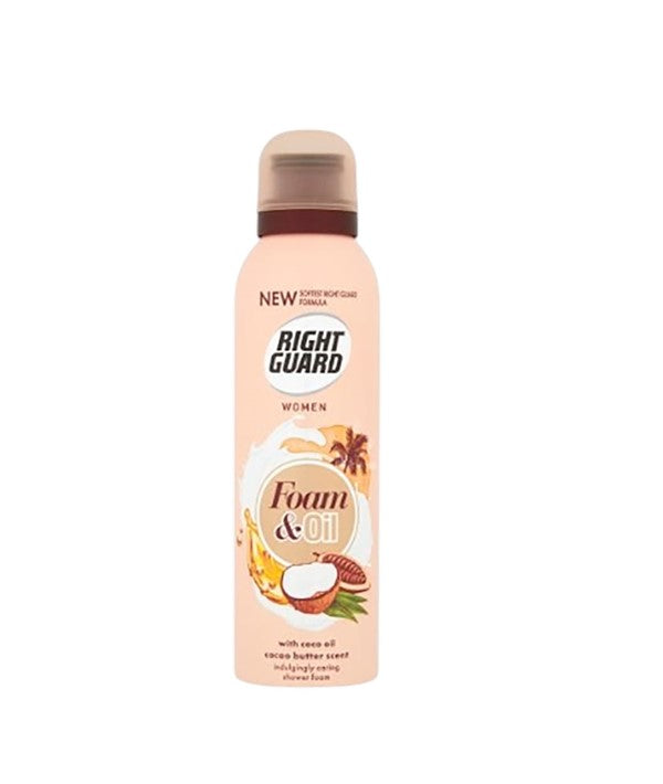 Schwarzkopf Right Guard women shower foam with coconut oil and cocoa butter, showing a bottle of bath and shower product.