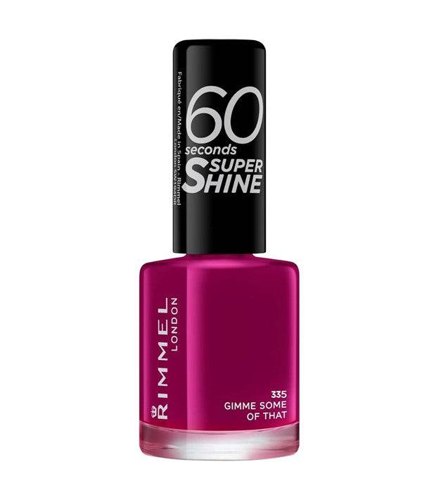 Rimmel 60 Seconds Super Shine Nail Polish in shade 335 Gimme Some Of That, featuring glossy, vibrant nail color in a sleek bottle.