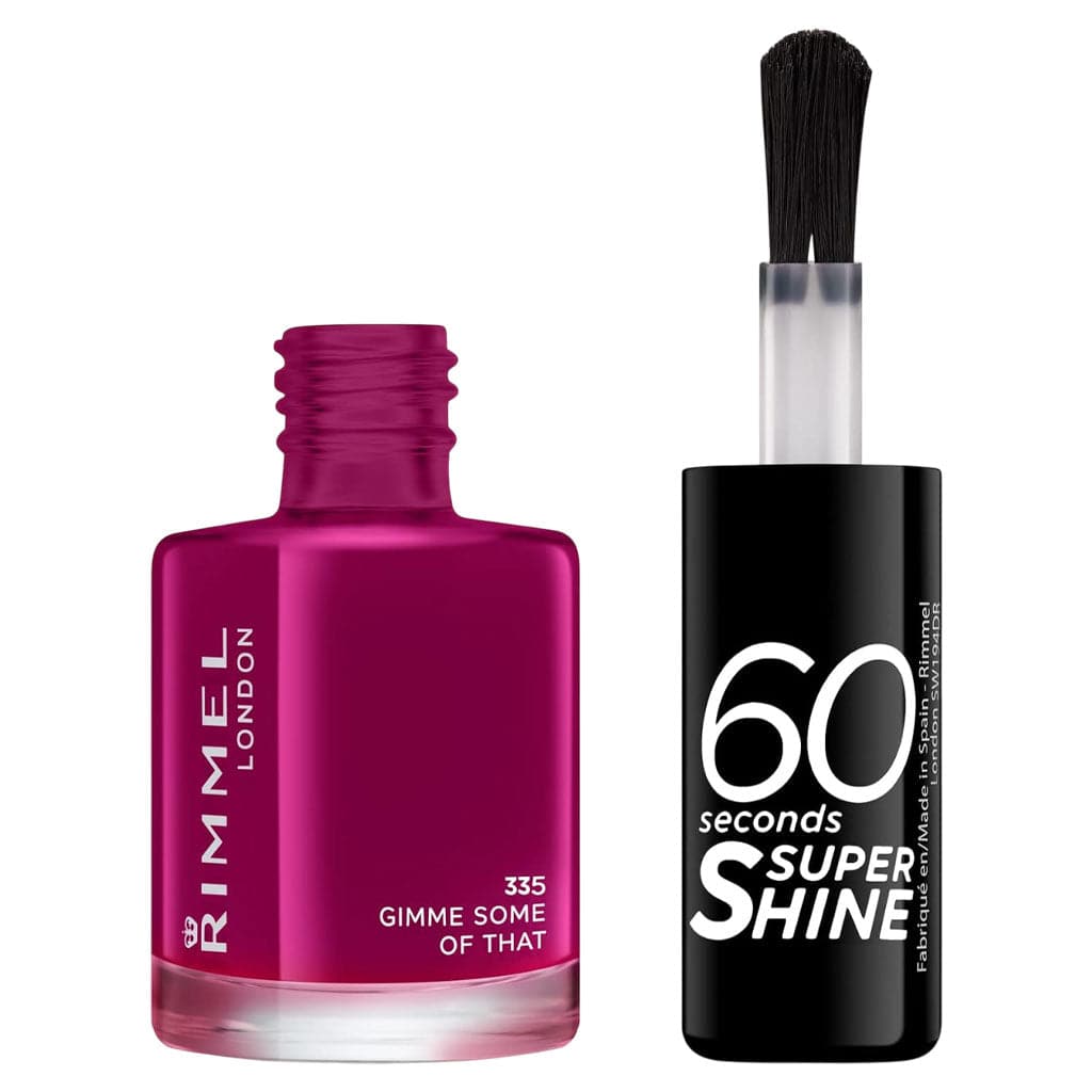 Rimmel 60 Seconds Super Shine Nail Polish in shade 335 Gimme Some Of That, showcasing the vibrant, glossy nail color.