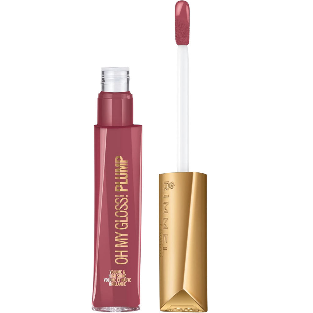 Rimmel Oh My Gloss Plump Lip Gloss in Mauve Mama, shiny mauve lip makeup with a glossy finish, displayed on a neutral background.