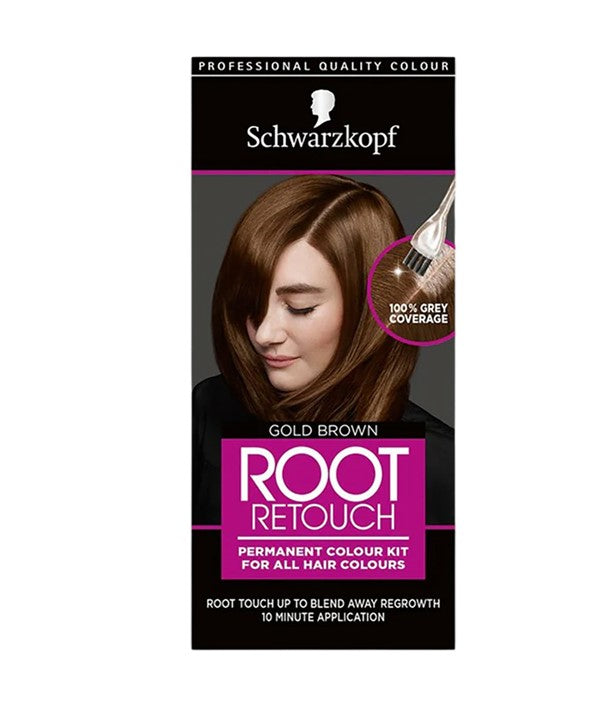 Schwarzkopf Root Retouch Permanent Hair Colour Kit in Gold Brown, showing the hair color and application tools in the kit.