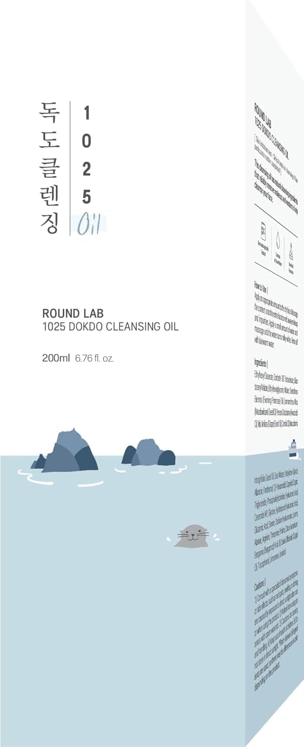 Round Lab 1025 Dokdo Cleansing Oil in a clear bottle with a pump, designed for gentle K-beauty skincare cleansing.