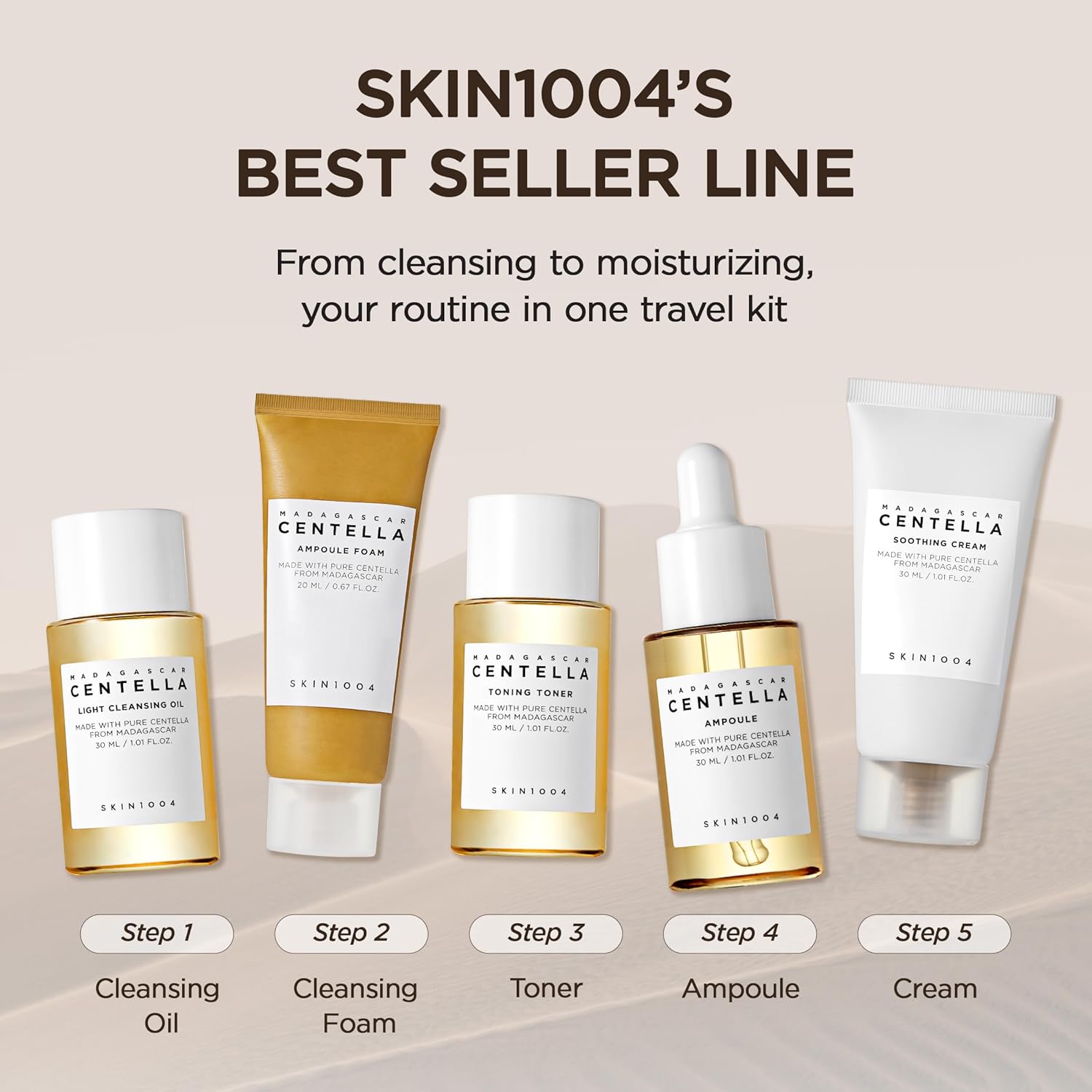 SKIN1004 Madagascar Centella K-Beauty travel kit with skincare bottles and containers for on-the-go skincare routine.