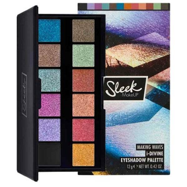 Sleek Make Up Eyeshadow Palette Making Waves with vibrant, shimmery eyeshadows in blue, green, and neutral shades for eye makeup.
