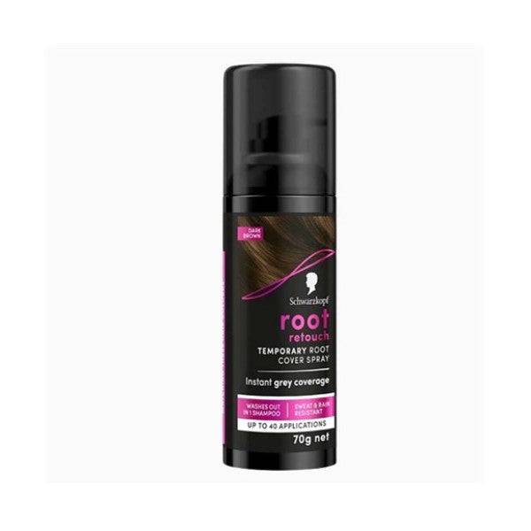 Schwarzkopf Root Retouch temporary spray in dark brown for quick hair root coverage and color touch-ups.