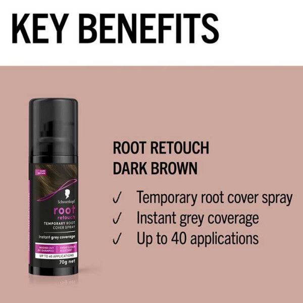 Schwarzkopf Root Retouch Temporary Hair Cover Spray in Dark Brown, designed for quick root touch-ups on dark hair.