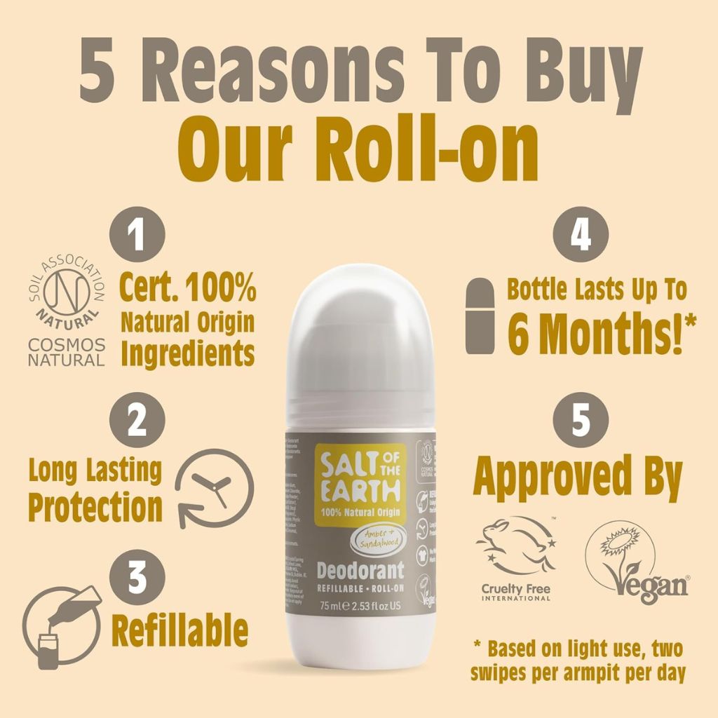 Salt Of The Earth Natural Deodorant Roll On Amber And Sandalwood